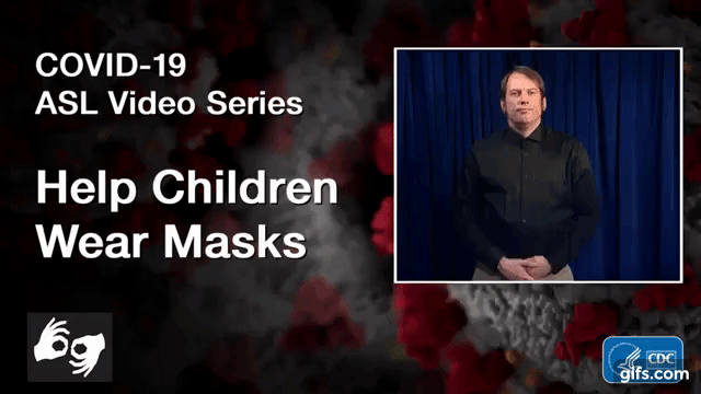 man using american sign language to sign help children wear masks.