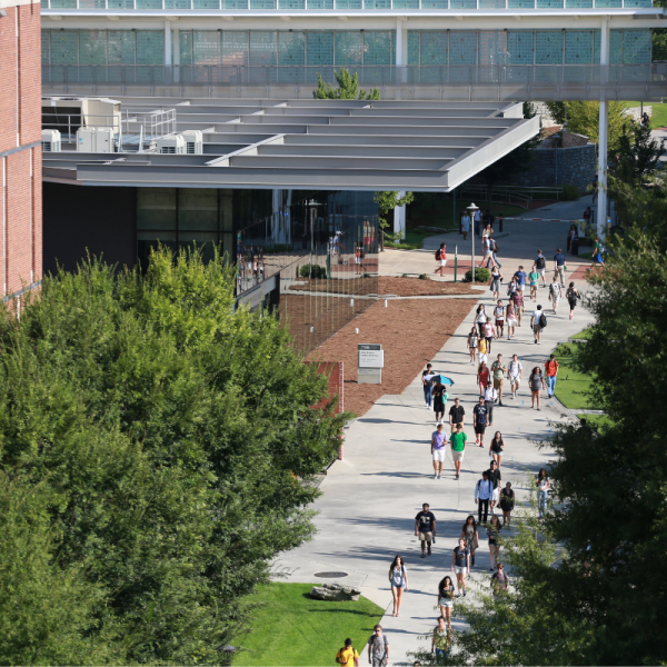 an aerial view of students walking on campus
