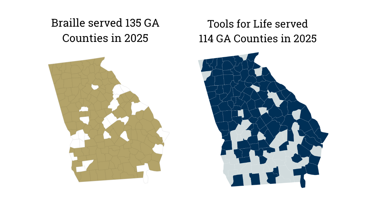 The counties CIDI served in 2025. Braille served 135 GA counties while TFL served 114. 